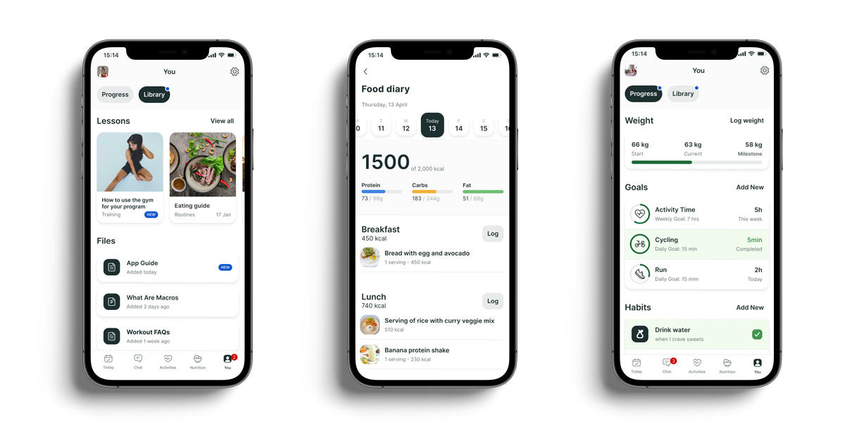A mockup of the coaching app showcasing the different features.